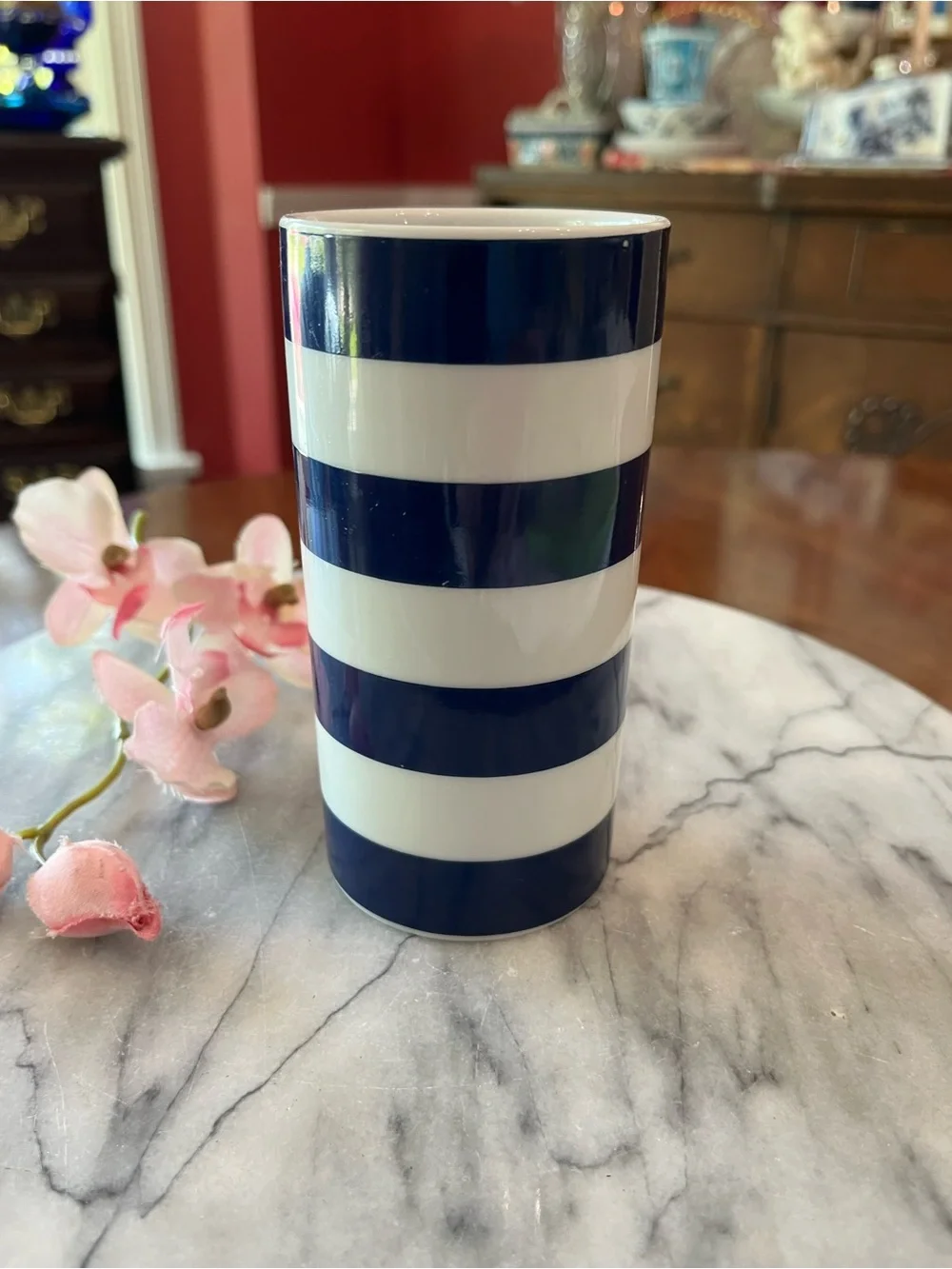 West Elm Nautical Blue & White Striped Ceramic Bud Vase / Bathroom Tumbler